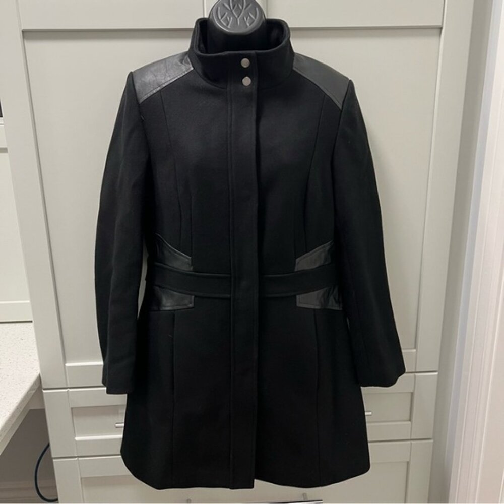 CLEO Petites Black Wool Blend Pea Coat with Waist and Shoulder Leather Accents